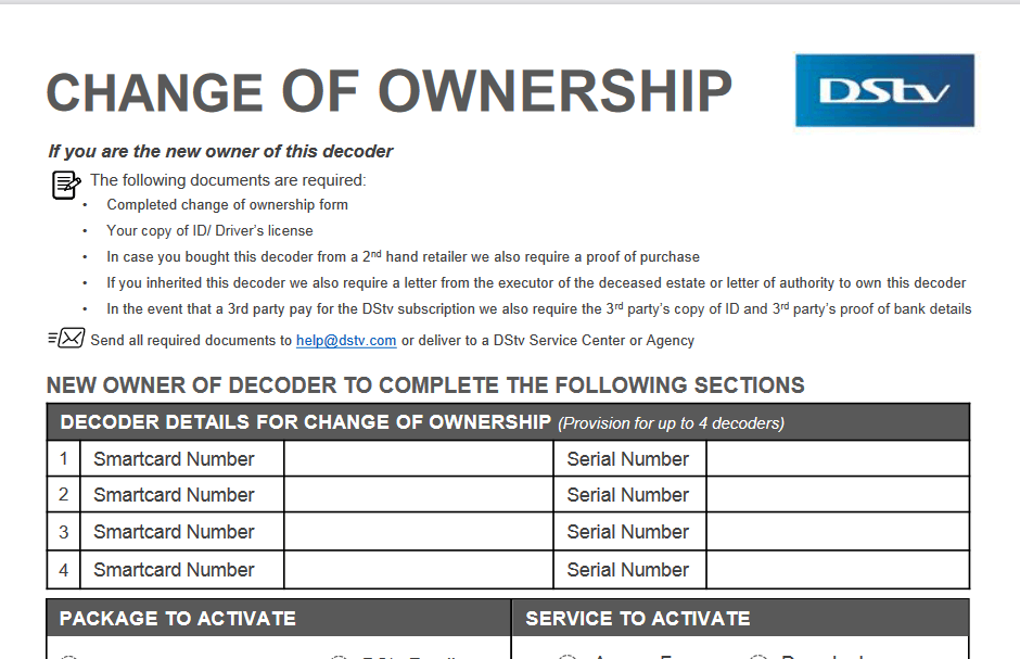 Blank DStv change of ownership form