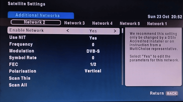 Network configuration for FTA channels on DStv